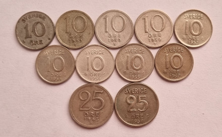Подборка из 11-ти монет номиналами 10 и 25 эре. 1941-1962 гг., Швеция.