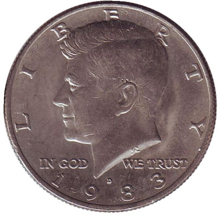 Монета 50 центов. 1983 год (D), США. Из обращения. Джон Кеннеди.