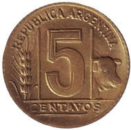 Монета 5 сентаво. 1949 год, Аргентина. Монета 5 сентаво. 1949 год, Аргентина.