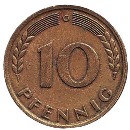Монета 10 пфеннигов. 1949 год (G), ФРГ. Дубовые листья.