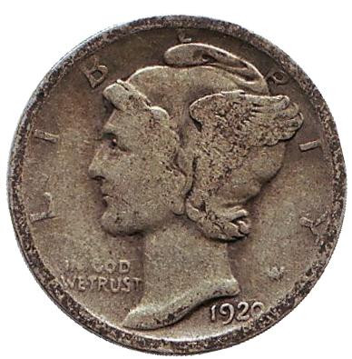 Монета 10 центов. 1920 год, США. Без обозначения монетного двора. Меркурий.
