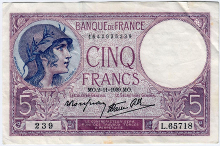 Банкнота 5 франков. 1939 год, Франция. Состояние - VF.