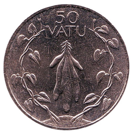 Монета 50 вату. 1983 год, Вануату. Батат (сладкий картофель) в венке из двух лоз.