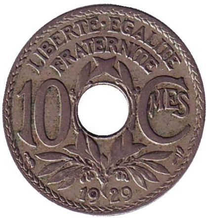 Монета 10 сантимов. 1929 год, Франция.