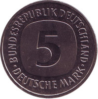 Монета 5 марок. 1982 год (G), Германия. UNC.
