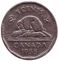 Бобр. Монета 5 центов, 1955 год, Канада. 