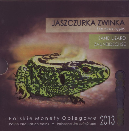 Ящерица. Набор монет Польши в буклете (9 штук), 2013 год, Польша.