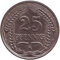 Монета 25 пфеннигов. 1911 год (A), Германская империя.