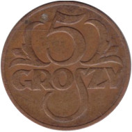 Монета 5 грошей. 1930 год, Польша. Монета 5 грошей. 1930 год, Польша.