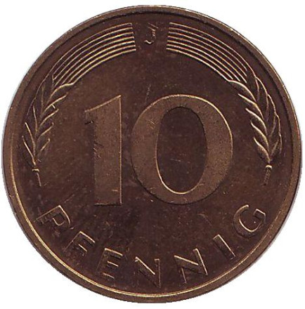 Монета 10 пфеннигов. 1980 год (J), ФРГ. Дубовые листья.