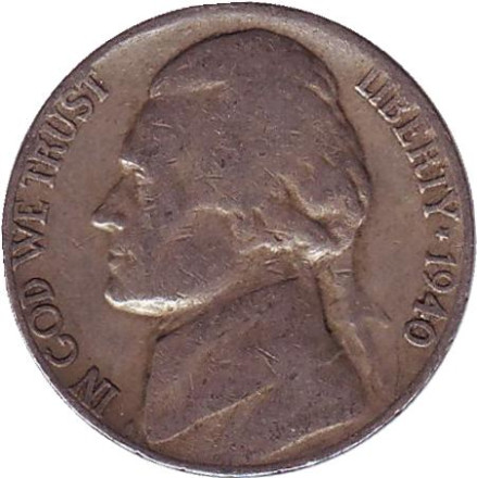 Монета 5 центов. 1940 год (S), США. Джефферсон. Монтичелло.