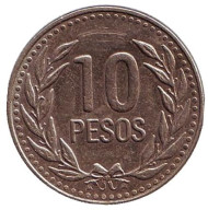 Монета 10 песо. 1989 год, Колумбия. Новый тип. Монета 10 песо. 1989 год, Колумбия. Новый тип.