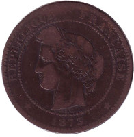 Монета 10 сантимов. 1873 год (K), Франция.