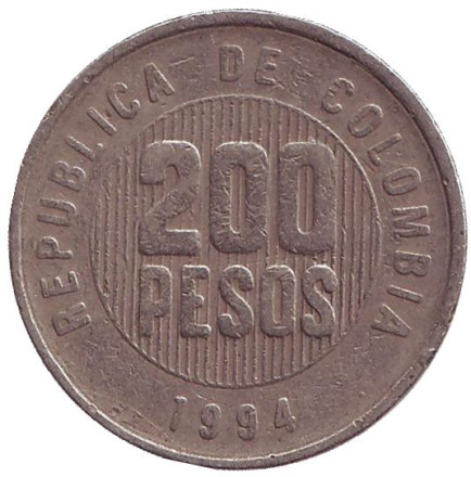 Монета 200 песо. 1994 год, Колумбия.