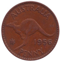 Кенгуру. Монета 1 пенни. 1956 год, Австралия. (Без точки после "PENNY")