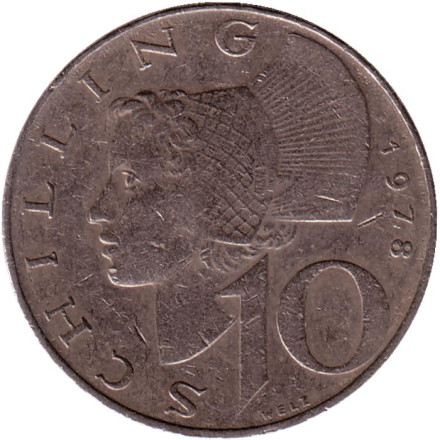 Монета 10 шиллингов. 1978 год, Австрия. Женщина из Вахау.