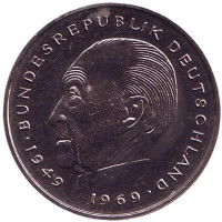Конрад Аденауэр. Монета 2 марки. 1977 год (D), ФРГ. UNC.