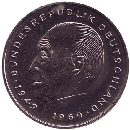 Монета 2 марки. 1977 год (D), ФРГ. UNC. Конрад Аденауэр.