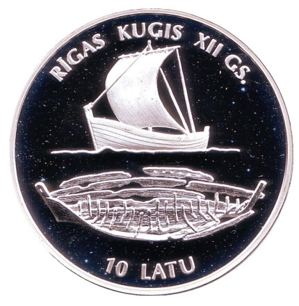 Монета 10 латов. 1997 год, Латвия. Рижский корабль XII века.