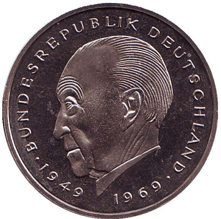 Монета 2 марки. 1981 год (J), ФРГ. UNC. Конрад Аденауэр.