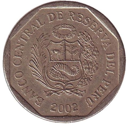 Монета 50 сентимов. 2002 год, Перу. Монета 50 сентимов. 2002 год, Перу.