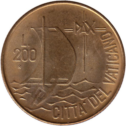 Монета 200 лир. 1984 год, Ватикан. Парусник. Год мира.