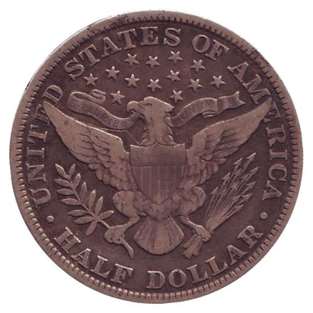 Монета 50 центов (1/2 доллара). 1897 год, США. (Без отметки монетного двора) "50 центов Барбера".