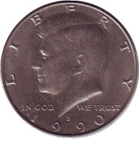 Джон Кеннеди. Монета 50 центов. 1990 год (D), США.