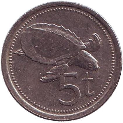 Монета 5 тойа, 1999 год, Папуа-Новая Гвинея. Свиноносая черепаха.