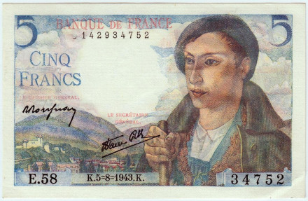Банкнота 5 франков. 1943 год, Франция. XF. Пастух.
