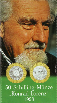Монета 50 шиллингов. 1998 год, Австрия. (в буклете). 25 лет присуждению Нобелевской премии Конраду Лоренцу.