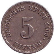 Монета 5 пфеннигов. 1909 год (D), Германская империя. Монета 5 пфеннигов. 1909 год (D), Германская империя.