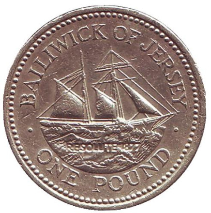 Монета 1 фунт. 1997 год, Джерси. Шхуна "Резолют".