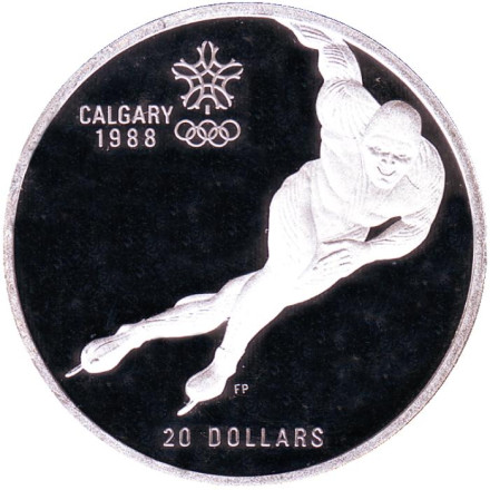 Монета 20 долларов. 1985 год, Канада. XV зимние Олимпийские Игры, Калгари 1988 - Конькобежный спорт.