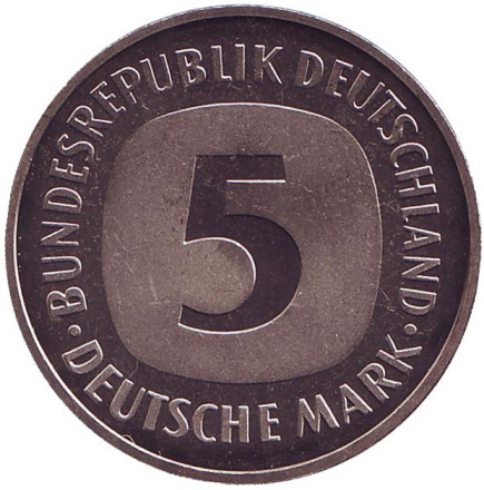 Монета 5 марок. 1982 год (J), Германия. UNC.