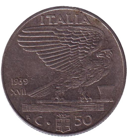 Монета 50 чентезимо. 1939 год (XVII), Италия. (немагнитные) Виктор Эммануил III.