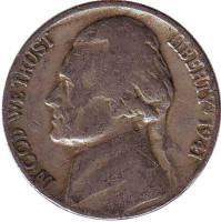 Джефферсон. Монтичелло. Монета 5 центов. 1941 год, США.