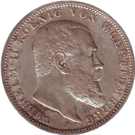 Монета 3 марки. 1909 год, Германская империя. Вюртемберг.