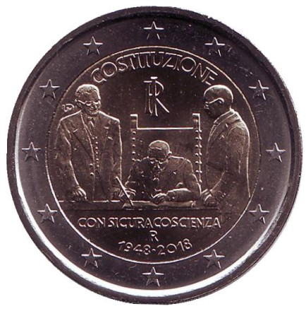 Монета 2 евро. 2018 год, Италия. 70 лет Конституции Итальянской республики.