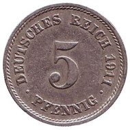 Монета 5 пфеннигов. 1911 год (F), Германская империя. Монета 5 пфеннигов. 1911 год (F), Германская империя.