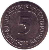 Монета 5 марок. 1977 год (D), ФРГ. UNC.