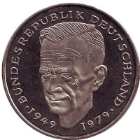 Курт Шумахер. Монета 2 марки. 1981 год (J), ФРГ. UNC.