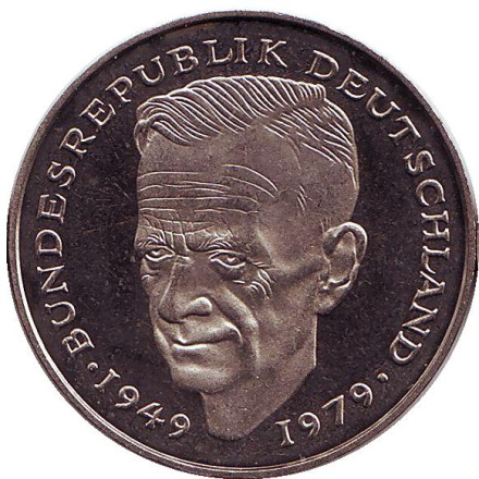Монета 2 марки. 1981 год (J), ФРГ. UNC. Курт Шумахер.