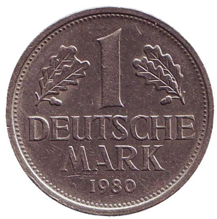 Монета 1 марка. 1980 год (F), ФРГ. Из обращения.
