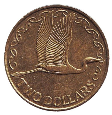 Монета 2 доллара. 2008 год, Новая Зеландия. Белая цапля.