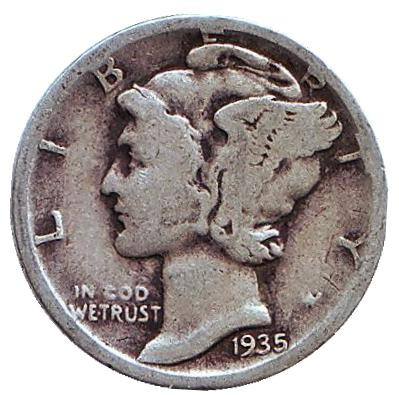 Монета 10 центов. 1935 год, США. Без обозначения монетного двора. Меркурий.