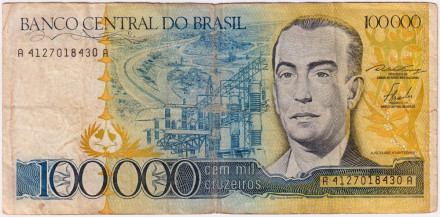 Банкнота 100000 (100 тысяч) крузейро. 1985 год, Бразилия.