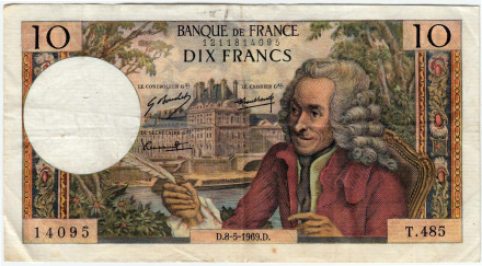 Банкнота 10 франков. 1969 год, Франция. Вольтер.