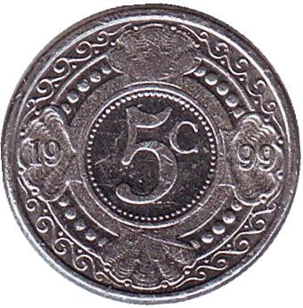 Монета 5 центов, 1999 год, Нидерландские Антильские острова. Цветок апельсинового дерева.