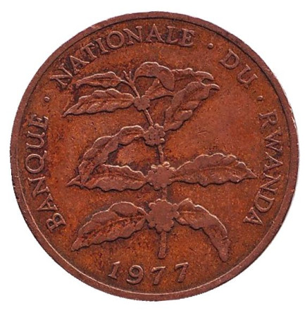 Монета 5 франков. 1977 год, Руанда. Веточка кофейного дерева.